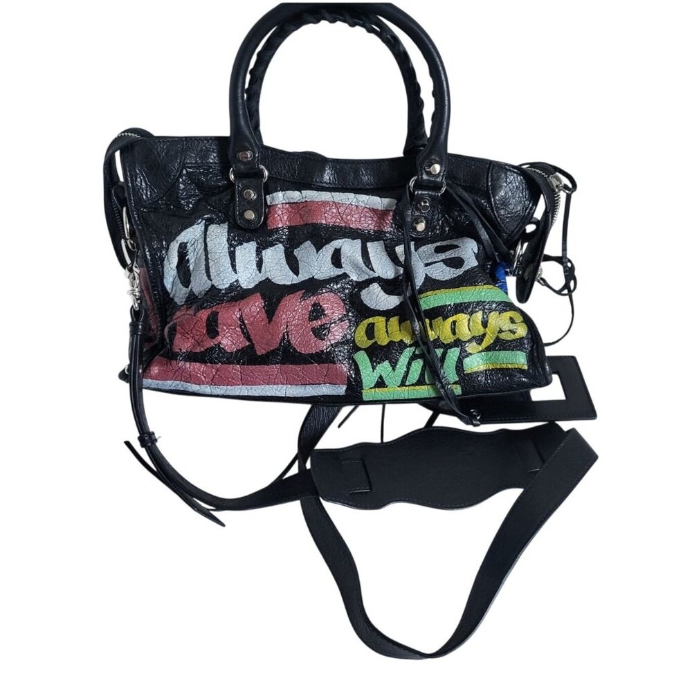 Balenciaga 2019 Small Motocross Classic Graffiti City Bag Black Arena Leather - Picture 6 of 11